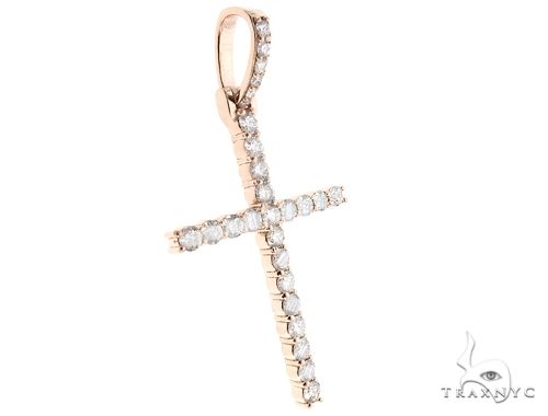 14K rose gold cross pendant with prong-set round diamonds on front and bail