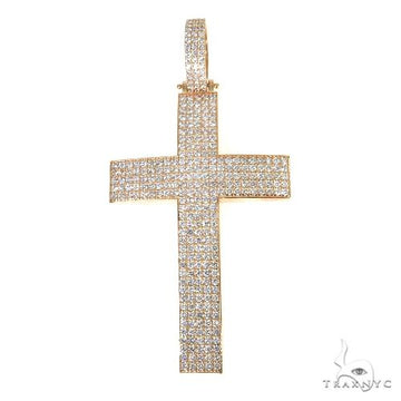 Yellow gold cross pendant encrusted with multiple small sparkling diamonds.