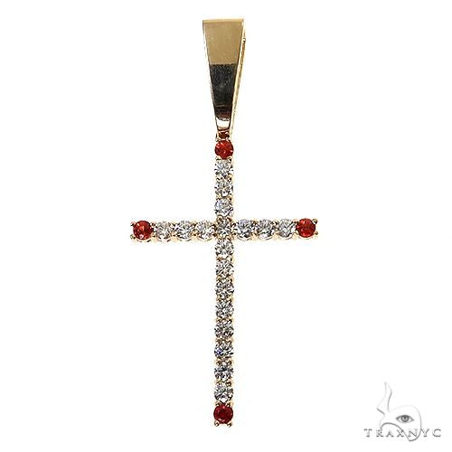 Gold cross pendant with diamonds and red gemstones at each end for men
