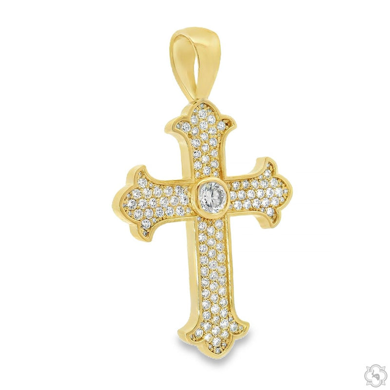 Yellow gold cross pendant with diamond accents and a central round diamond crown design