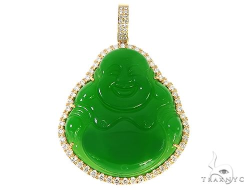 Diamond and jade buddha stone pendant, front view showing carved green jade with diamond-set border