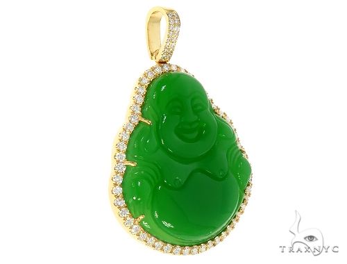 Green jade Buddha pendant with yellow gold and diamond halo setting