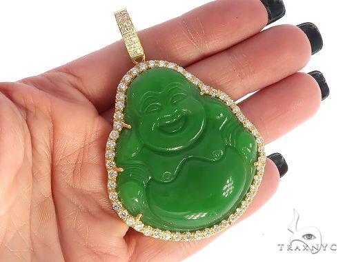 14K Gold Diamond Jade Stone Buddha Pendant, photo 5 of 7