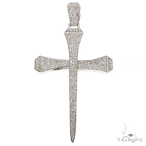 White gold nail-shaped cross pendant encrusted with small lab diamonds