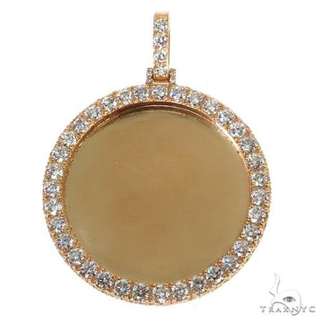 Round rose gold pendant with diamond-studded border and smooth center for custom photo.