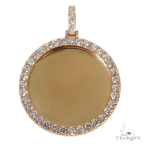 Round rose gold pendant with diamond-studded border and smooth center for custom photo