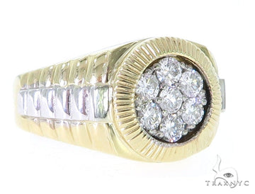 Yellow gold men's ring with clustered diamond center and textured wide band