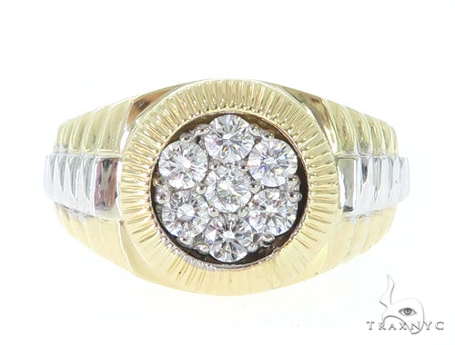 Yellow gold men's ring with cluster diamond center and textured wide band