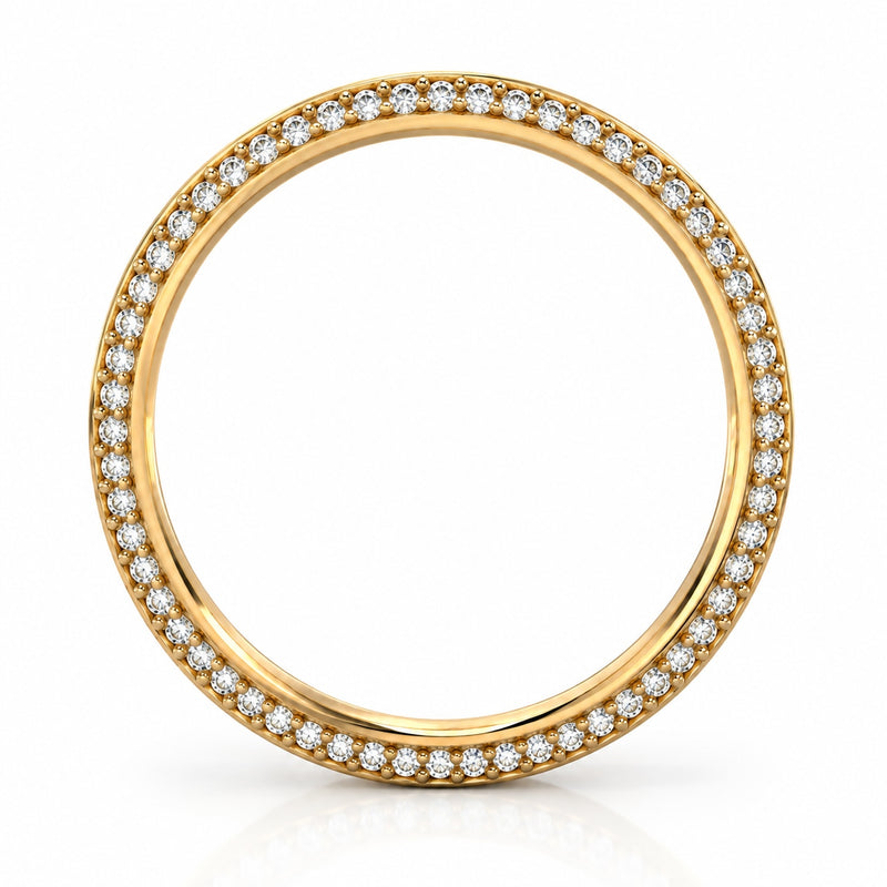14K yellow gold Diamond Border Wedding Band featuring two rows of round lab grown diamonds along beveled borders, a polished gold center, and a 3.50mm comfort-fit band