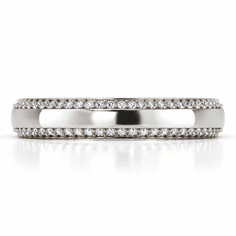 14K white gold Diamond Border Wedding Band featuring two rows of round lab grown diamonds along beveled borders, a polished gold center, and a 3.50mm comfort-fit band
