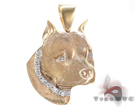 yellow gold dog pendant with round cut prong-set diamonds, front view