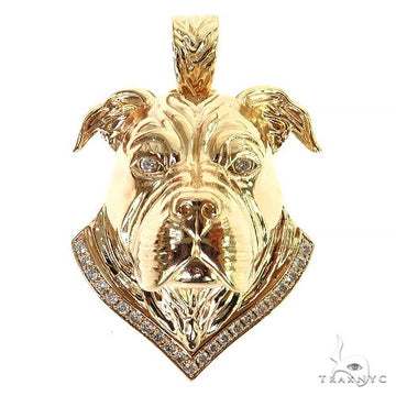 Yellow gold dog head pendant with diamond collar detailing, men's custom jewelry.