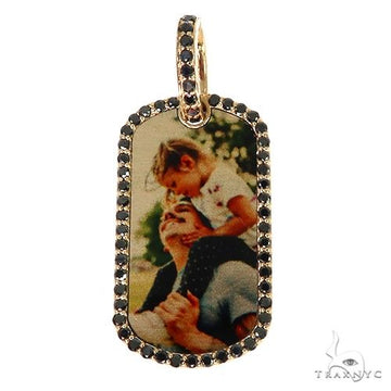 Yellow gold dog tag photo pendant with black diamond frame and custom image center.