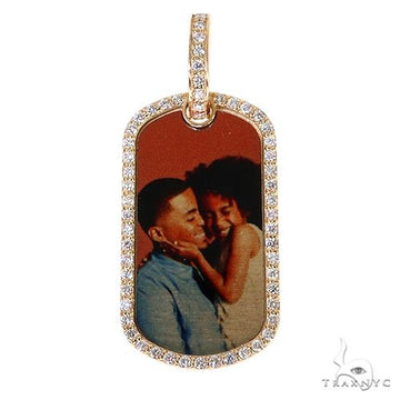 Dog tag pendant with diamond frame showcasing a custom photo, white gold finish.