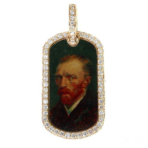 White gold dog tag pendant with diamond frame and vintage portrait photo center