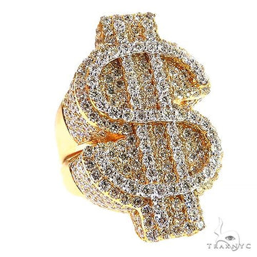 Yellow gold men's ring shaped as a dollar sign encrusted with sparkling diamonds.