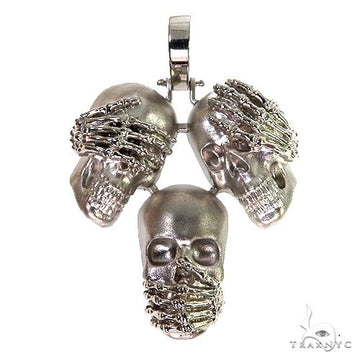 925 sterling silver three-skull see no evil pendant, matte and glossy finish options, front view