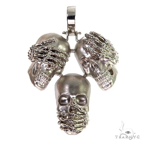 925 sterling silver three-skull see no evil pendant, matte and glossy finish options, front view