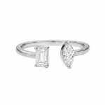 White gold open ring with emerald-cut and marquise diamonds on each end.