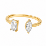 Gold open ring with emerald-cut and marquise-cut diamonds on each end.