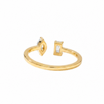 Gold open ring with two small diamond-shaped gemstones at each end.