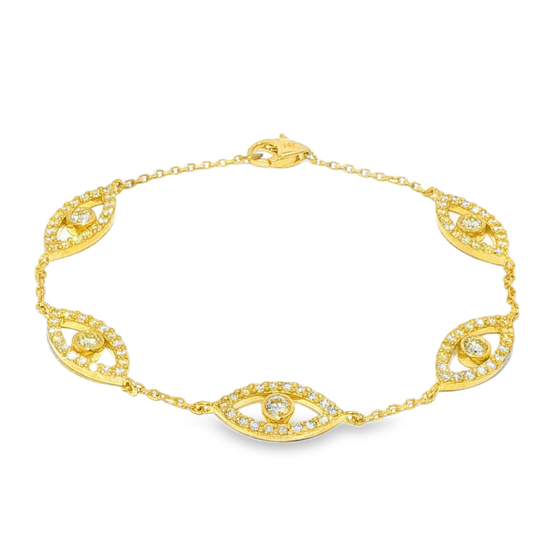 Gold bracelet with evil eye motifs adorned with yellow diamonds and clear stones.