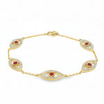 Gold bracelet with five evil eye charms featuring white diamonds and central rubies.
