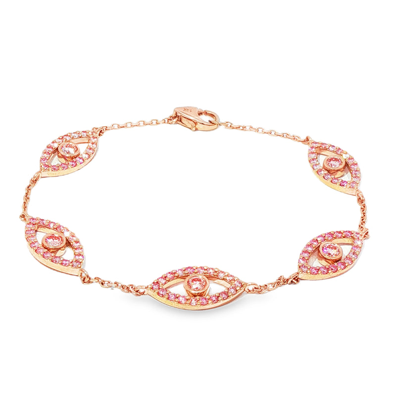 Rose gold evil eye bracelet with pink diamonds and delicate chain links.