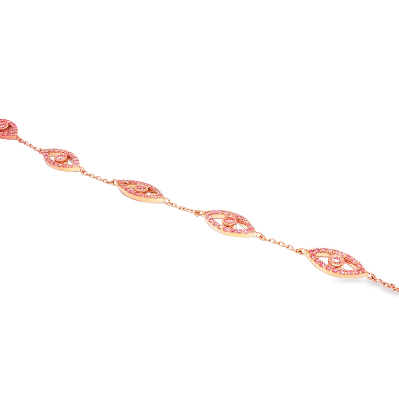 Rose gold evil eye bracelet with pink diamonds and delicate chain links.