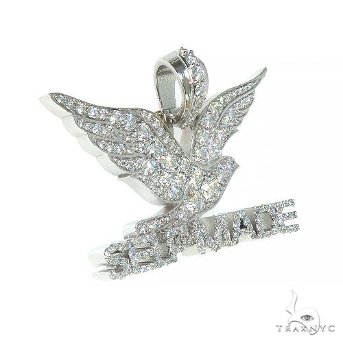 White gold bird-shaped pendant with diamonds and "SELF MADE" text charm for men