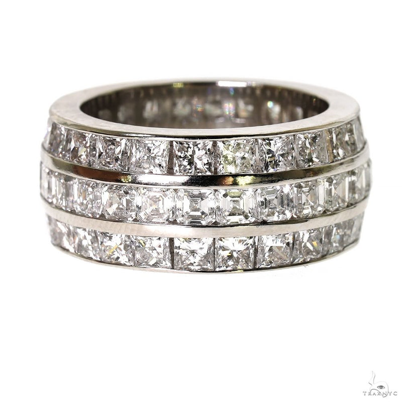 Three-row men’s diamond eternity ring with rectangular stones in white metal band
