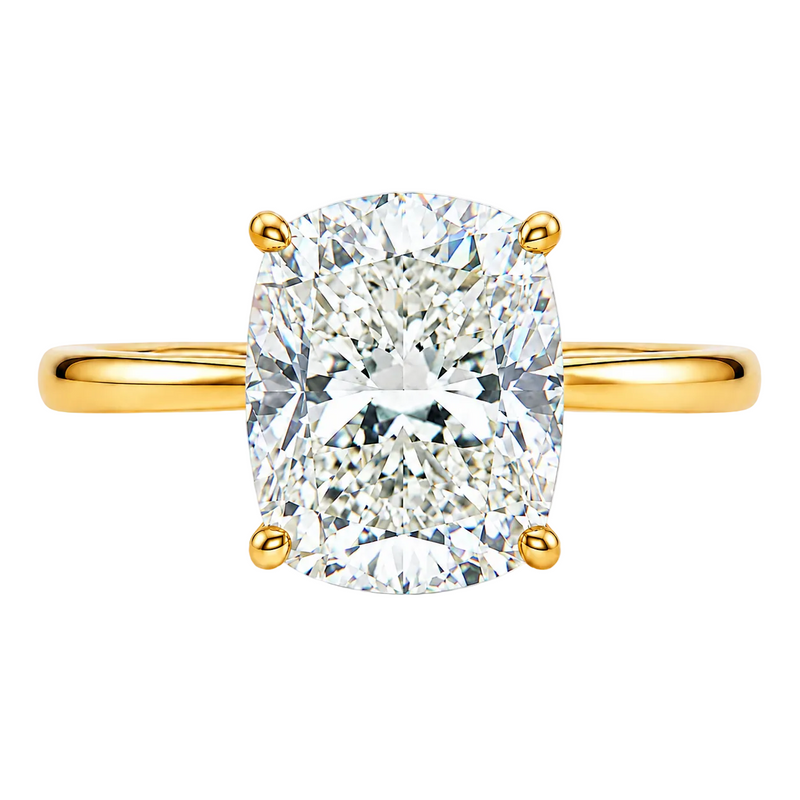 14K gold elongated cushion lab grown diamond engagement ring with a 2.50 carat center stone, four-prong cathedral setting, and slim 2.00mm band.
