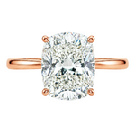 14K gold elongated cushion lab grown diamond engagement ring with a 2.50 carat center stone, four-prong cathedral setting, and slim 2.00mm band.