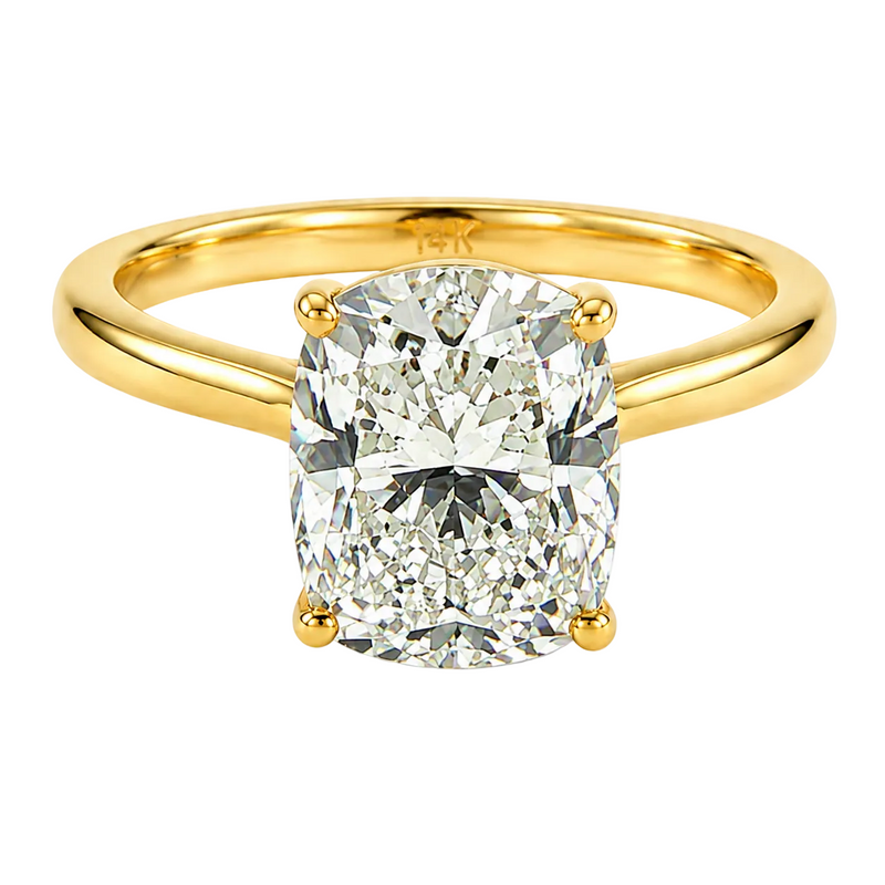 14K gold elongated cushion lab grown diamond engagement ring with a 2.50 carat center stone, four-prong cathedral setting, and slim 2.00mm band.

