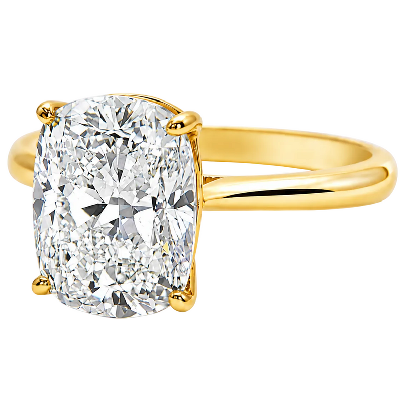 14K gold elongated cushion lab grown diamond engagement ring with a 2.50 carat center stone, four-prong cathedral setting, and slim 2.00mm band.