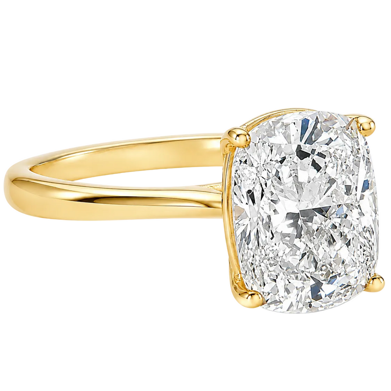 14K gold elongated cushion lab grown diamond engagement ring with a 2.50 carat center stone, four-prong cathedral setting, and slim 2.00mm band.