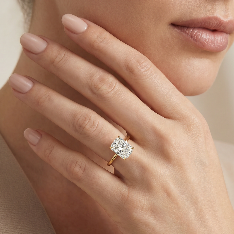 Elongated Cushion Diamond Solitaire Engagement Ring in 18K gold, view 8