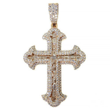 Yellow gold cross pendant with emerald-cut diamond and pavé diamond accents.