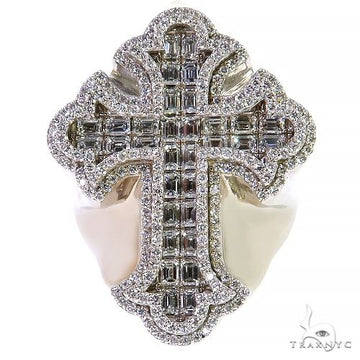 Yellow gold men's ring with emerald cut diamond cross and diamond halo detailing.