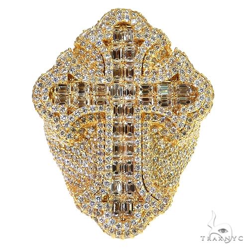 Yellow gold men's ring with emerald cut diamond cross and pavé diamond accents