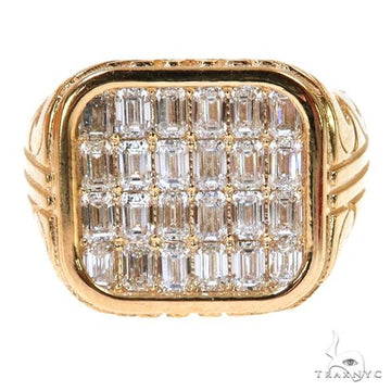 Yellow gold men's ring with emerald cut diamonds in a rectangular grid setting.