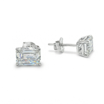 Pair of emerald cut diamond stud earrings with four-prong white gold setting