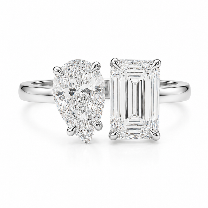14K gold Toi et Moi engagement ring with pear and emerald cut lab grown diamonds