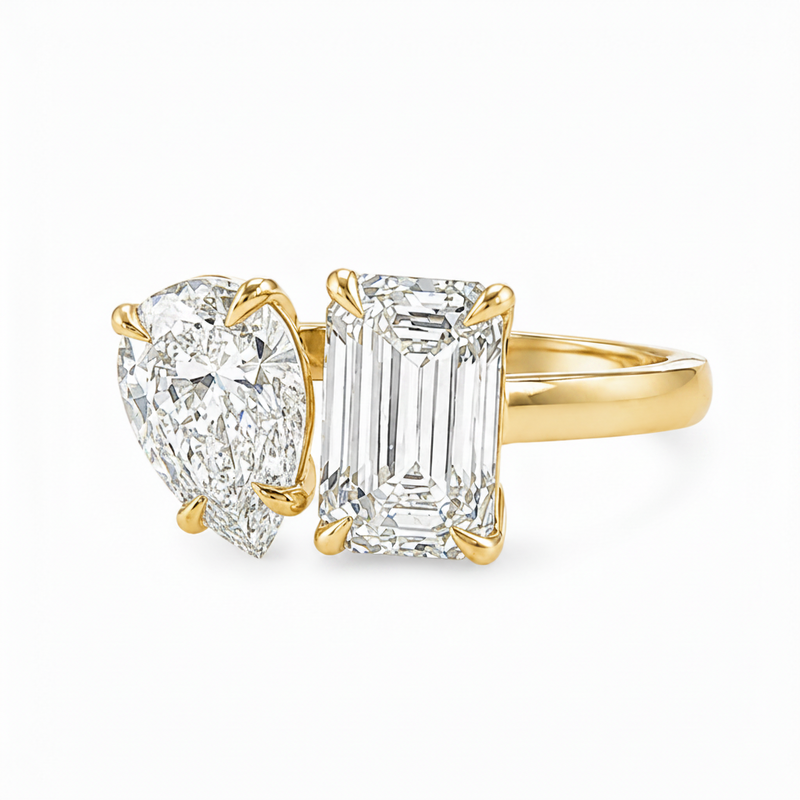 14K gold Toi et Moi engagement ring with pear and emerald cut lab grown diamonds