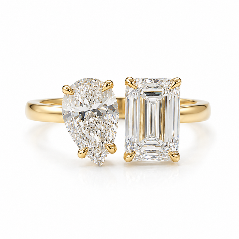 14K gold Toi et Moi engagement ring with pear and emerald cut lab grown diamonds