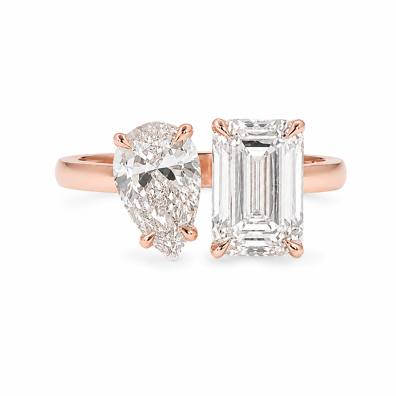 14K gold Toi et Moi engagement ring with pear and emerald cut lab grown diamonds