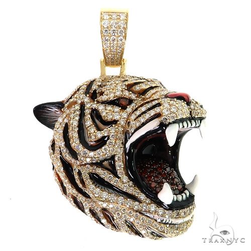 Silver tiger head pendant with black enamel stripes and diamond accents, open mouth design