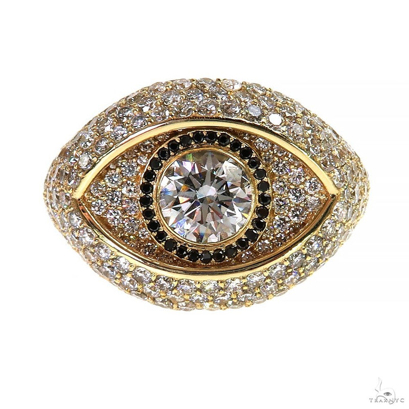Yellow gold men’s evil eye ring with black and white diamonds, central large round diamond