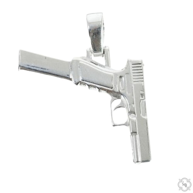 Silver men's pendant shaped like a detailed handgun with a polished finish