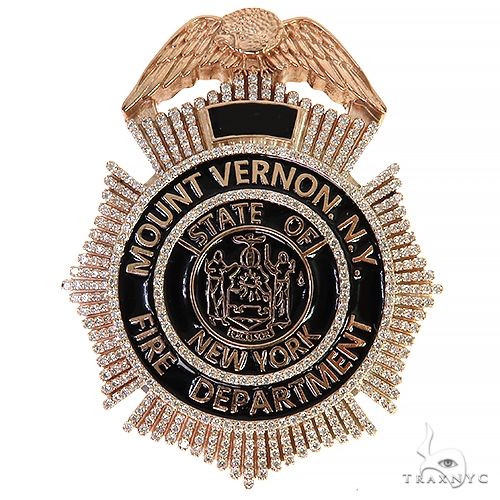 Fire department badge pendant in 14k yellow gold with round diamond coverage across the shield face – front view
